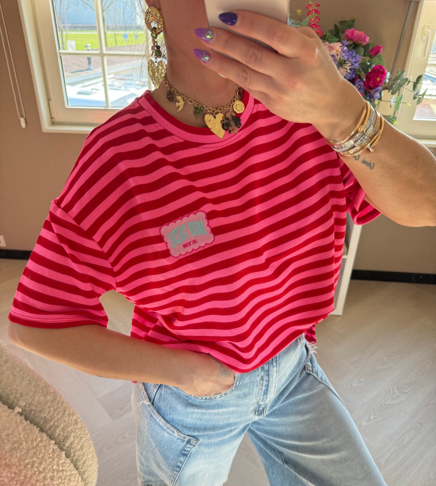 t shirt met patch mon cherie roze rood