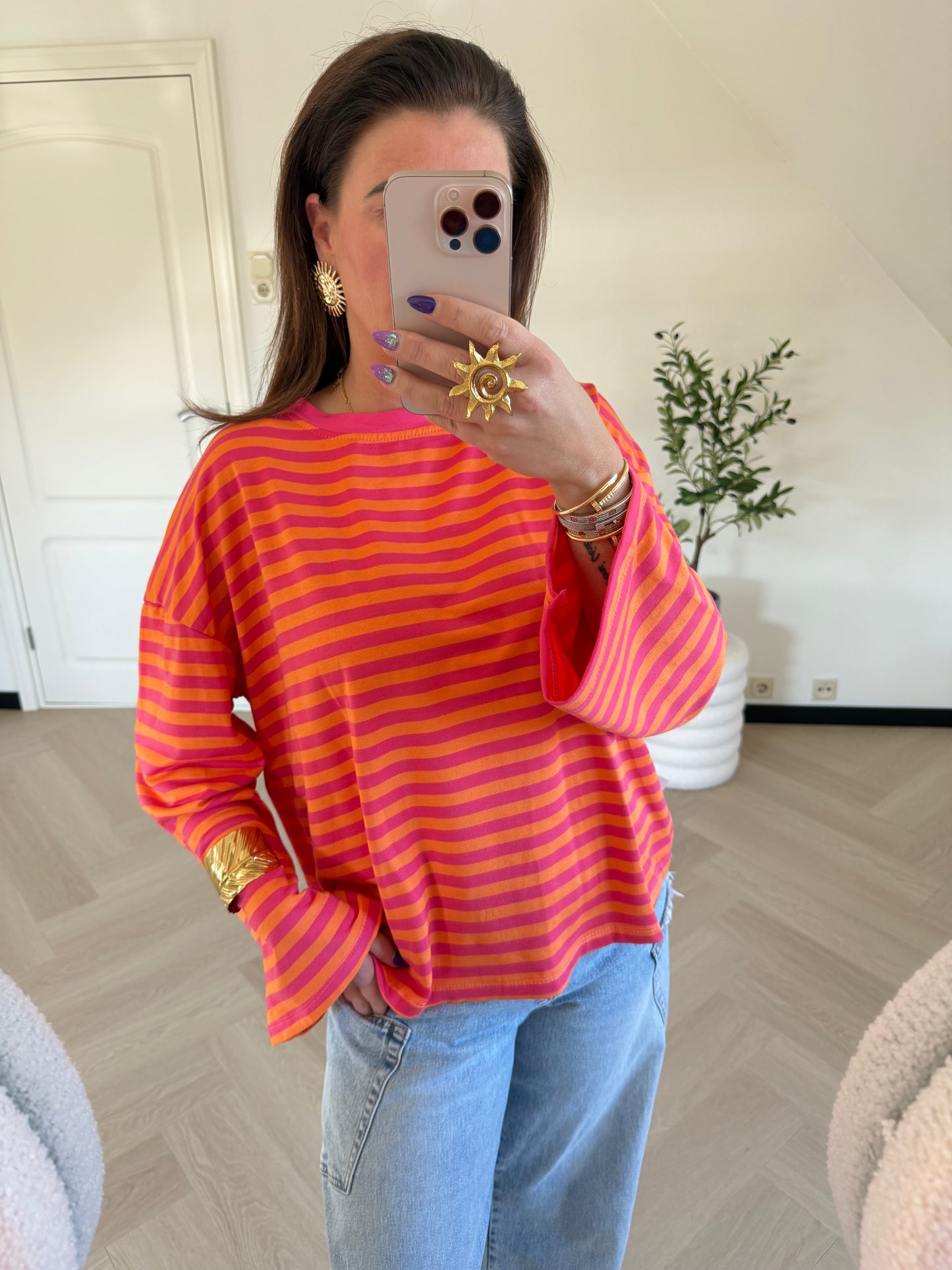 Longsleeve streep oranje roze
