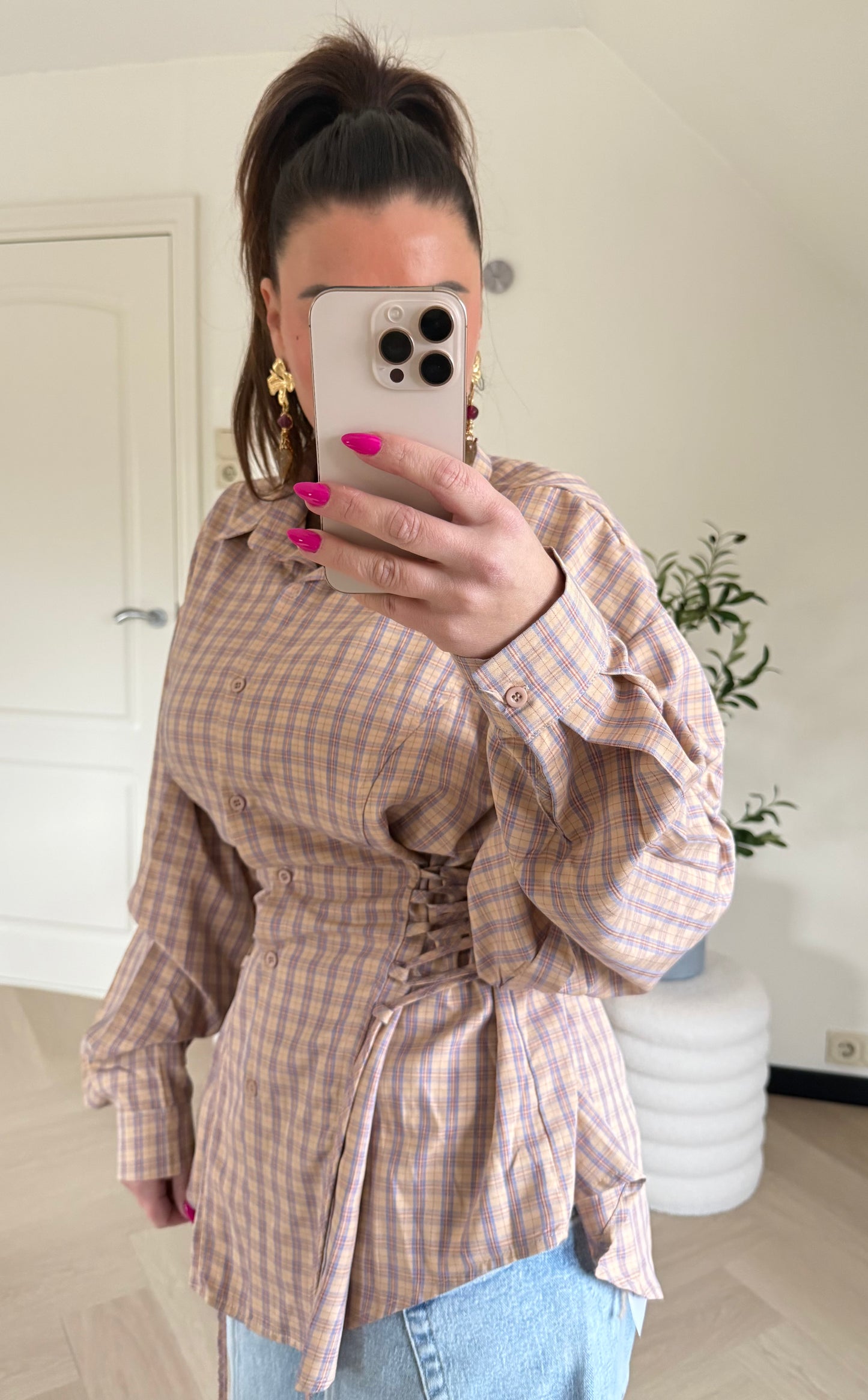blouse met blokjes roze