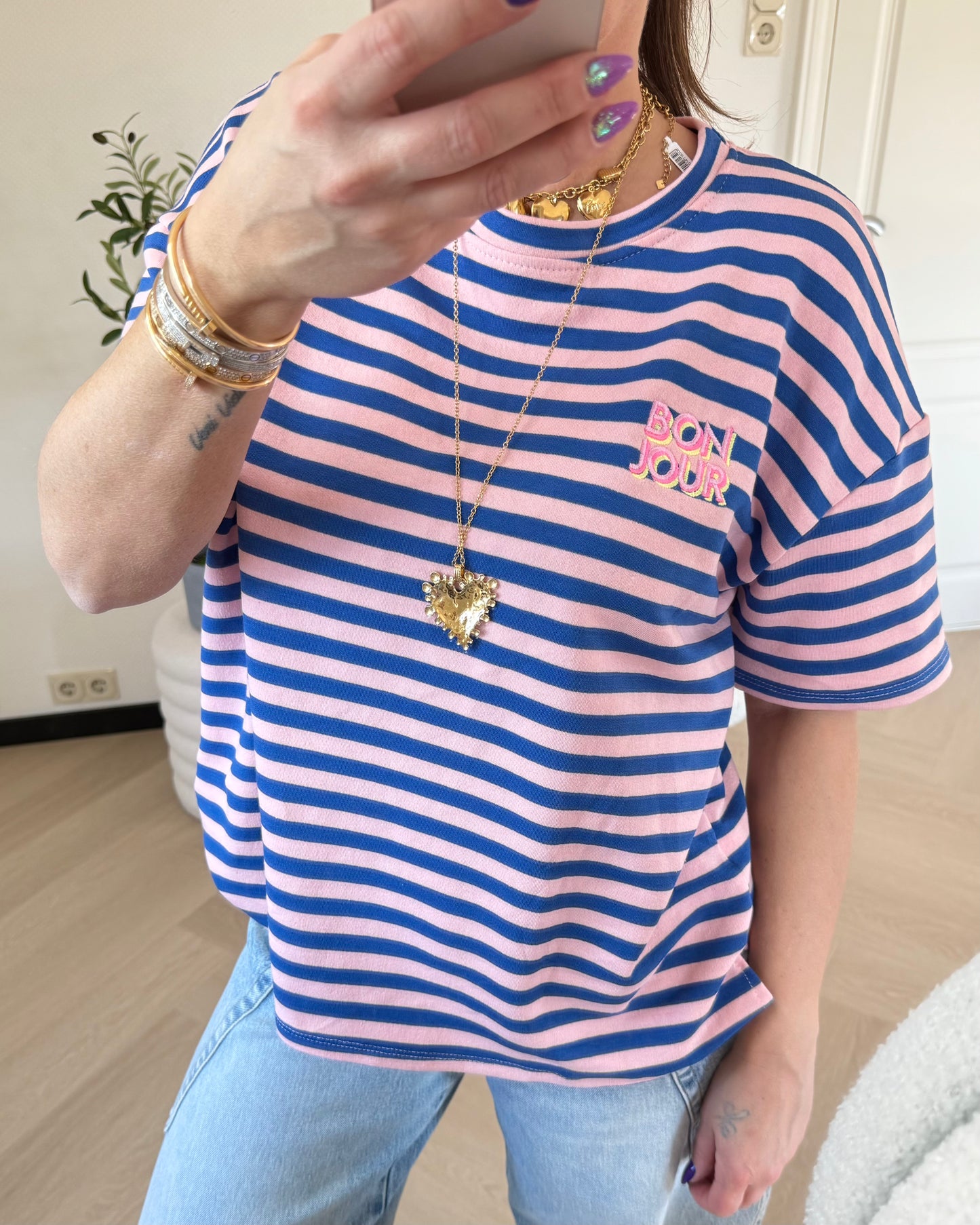 t shirt met bonjour patch blauw