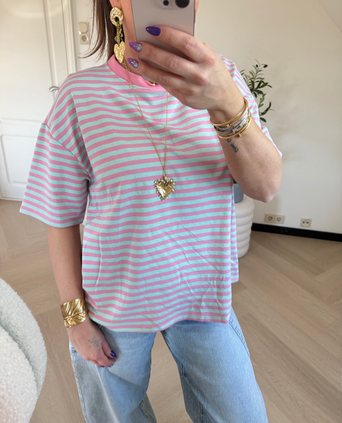 t shirt streep roze blauw