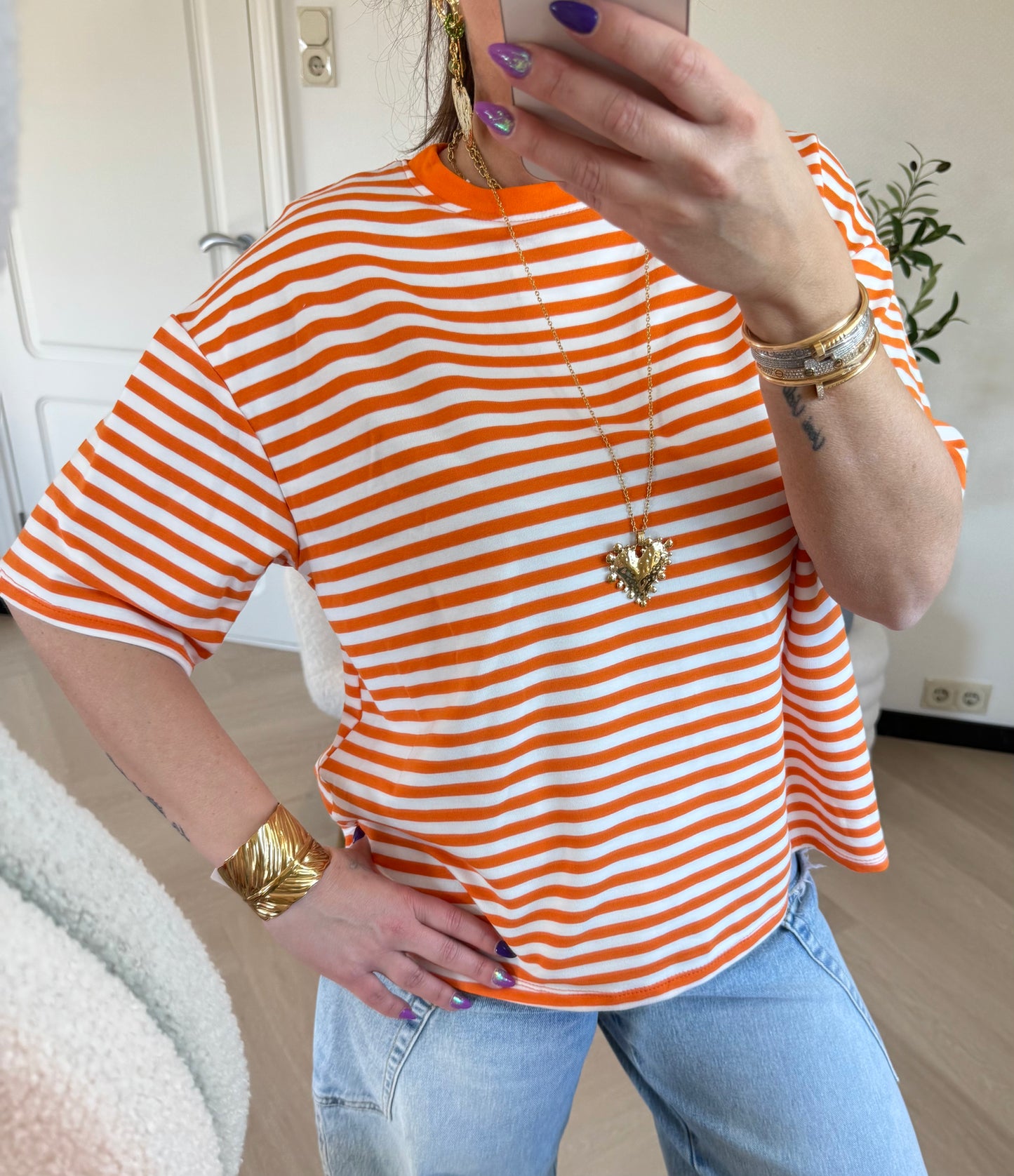 t shirt met streep oranje wit