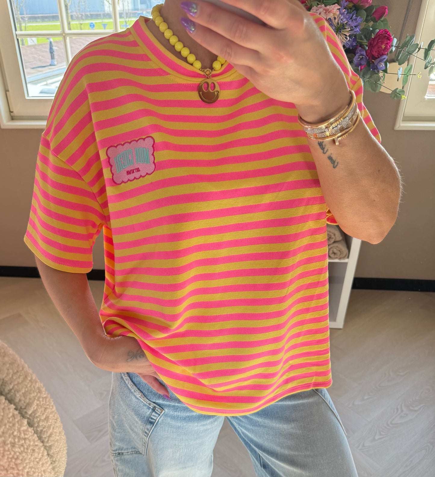 t shirt patch mon cherie roze geel