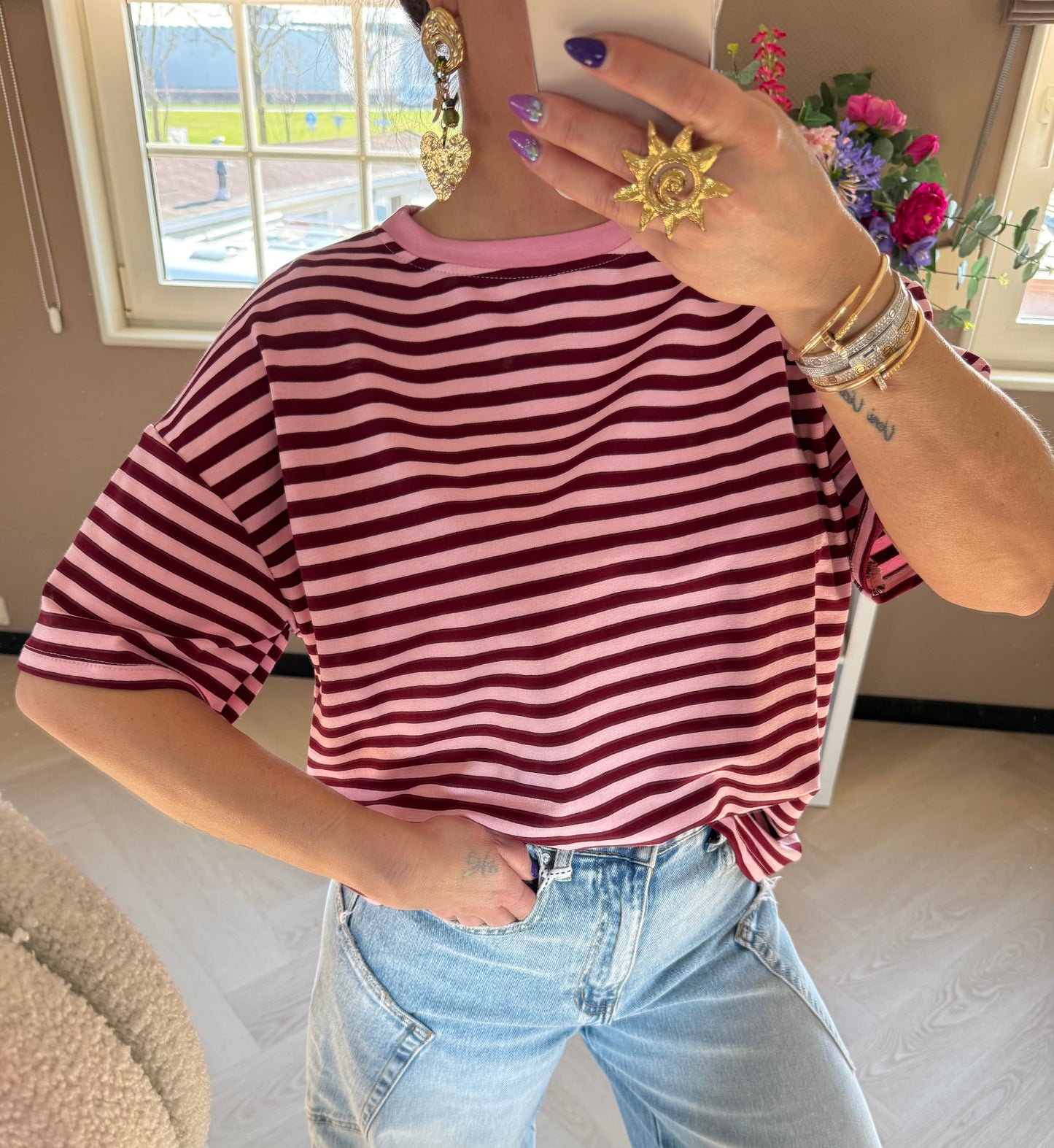 t shirt streep bordeax roze