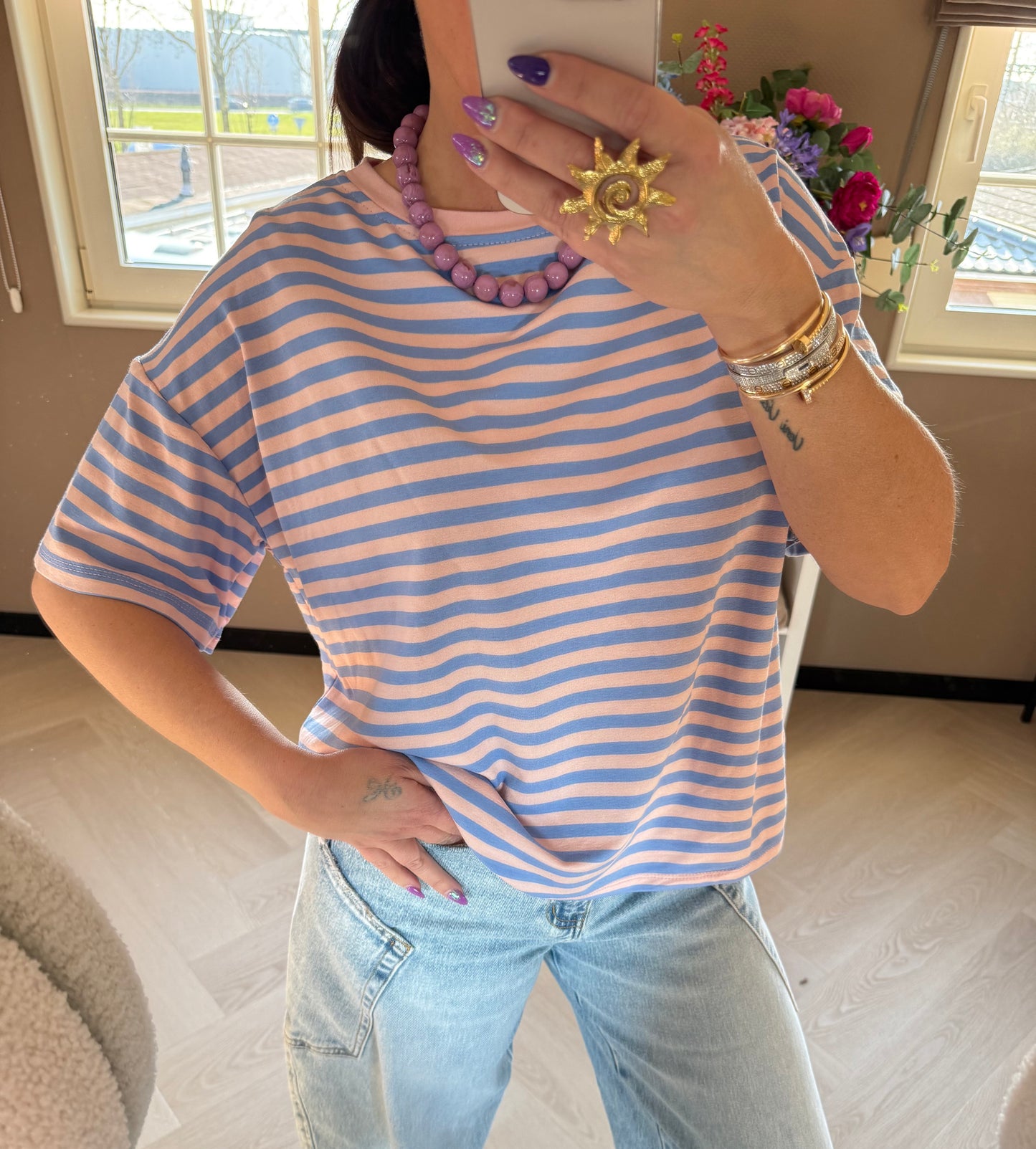 t shirt streep blauw roze