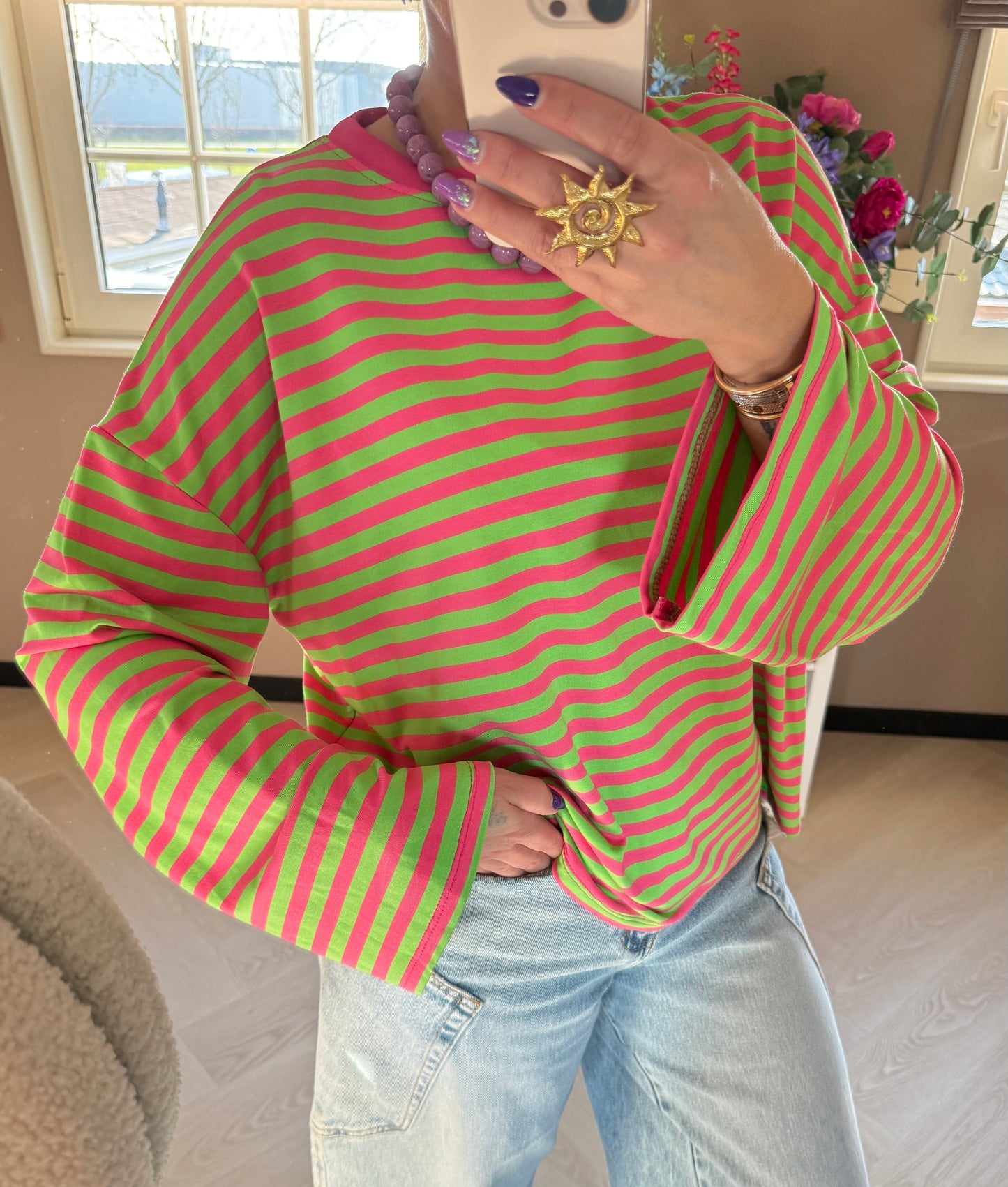 longsleeve streep groen roze