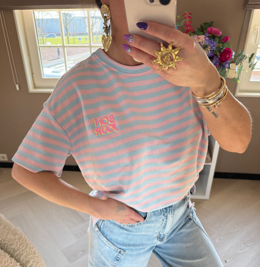 T shirt bonjour patch roze lichtblauw