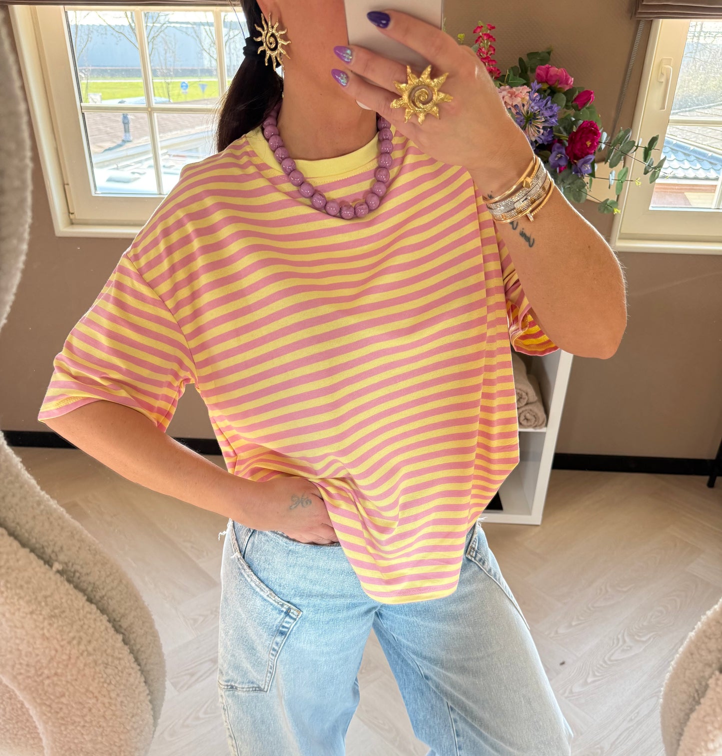 T shirt met streep geel roze