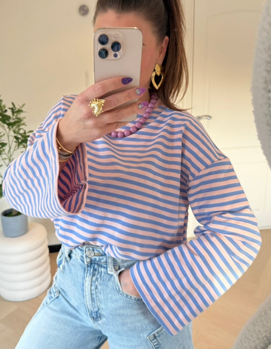 longsleeve streep blauw roze