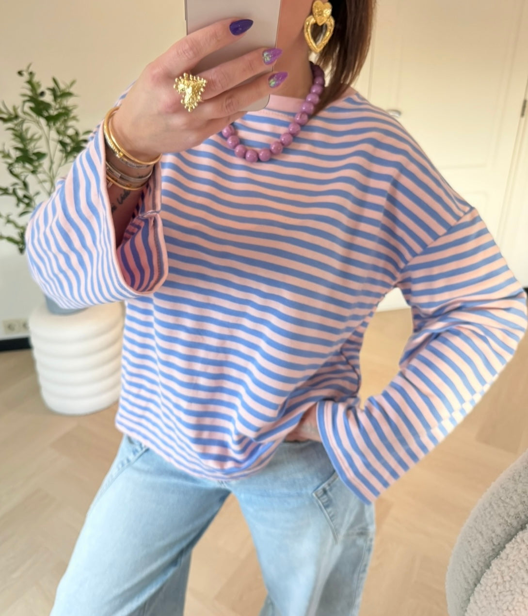 longsleeve streep blauw roze