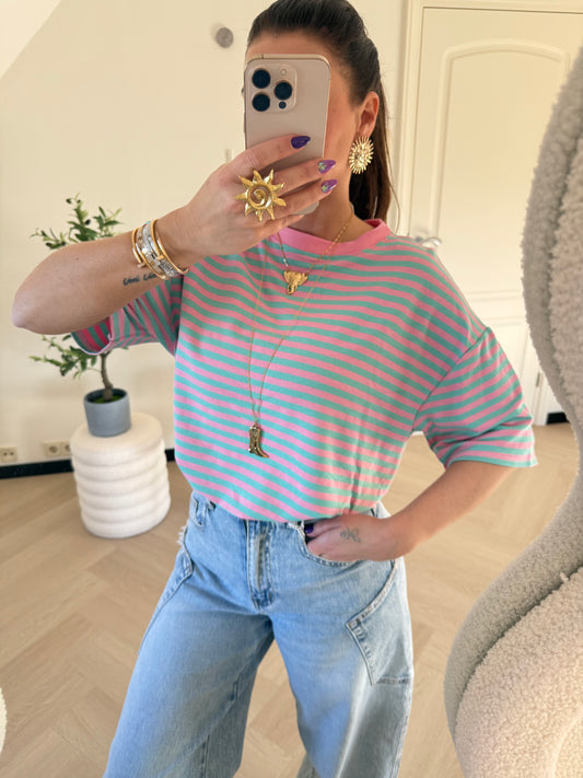 t shirt streep turqouise roze