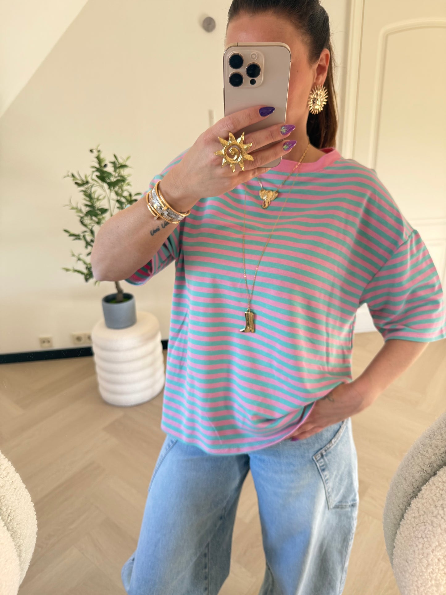 t shirt streep turqouise roze