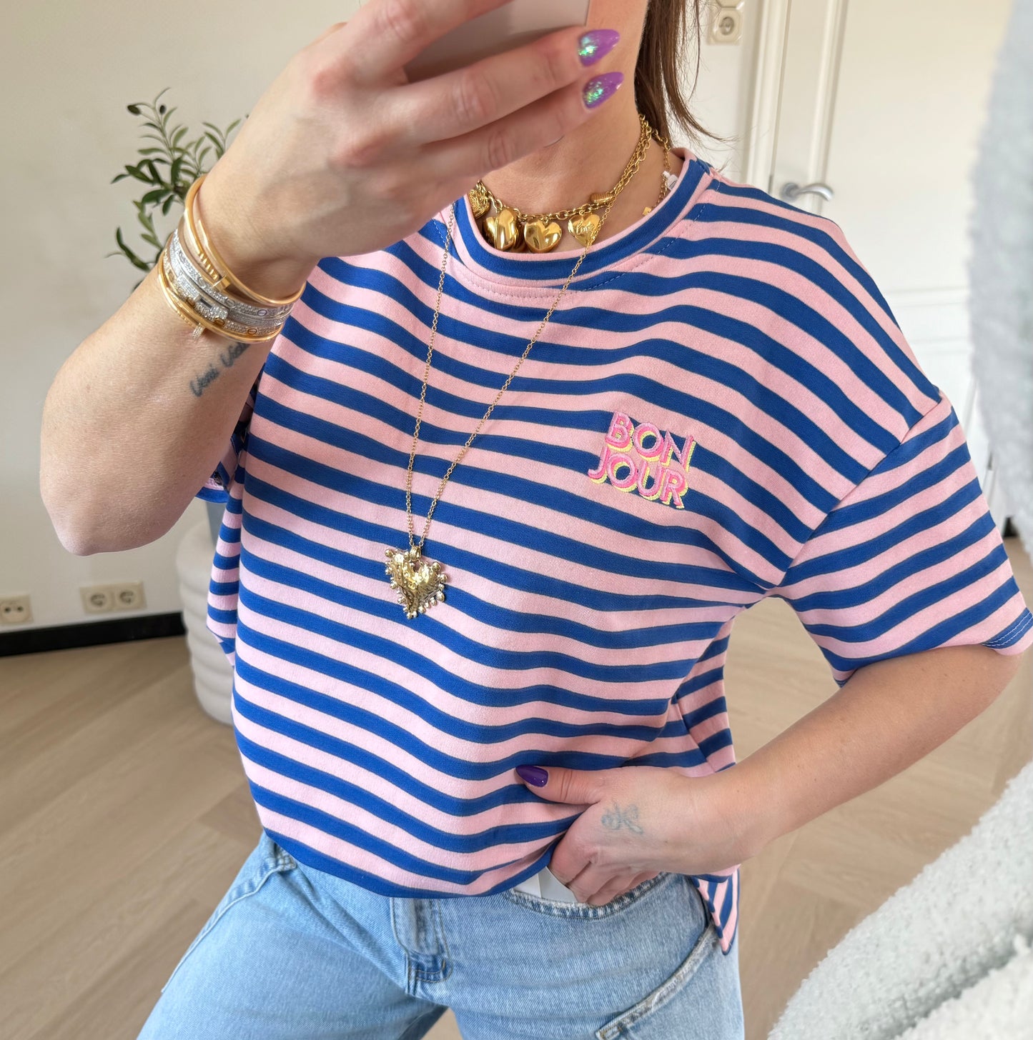 t shirt met bonjour patch blauw