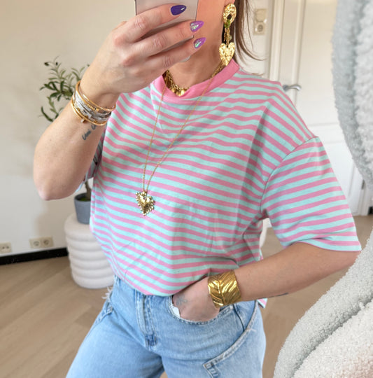 t shirt streep roze blauw