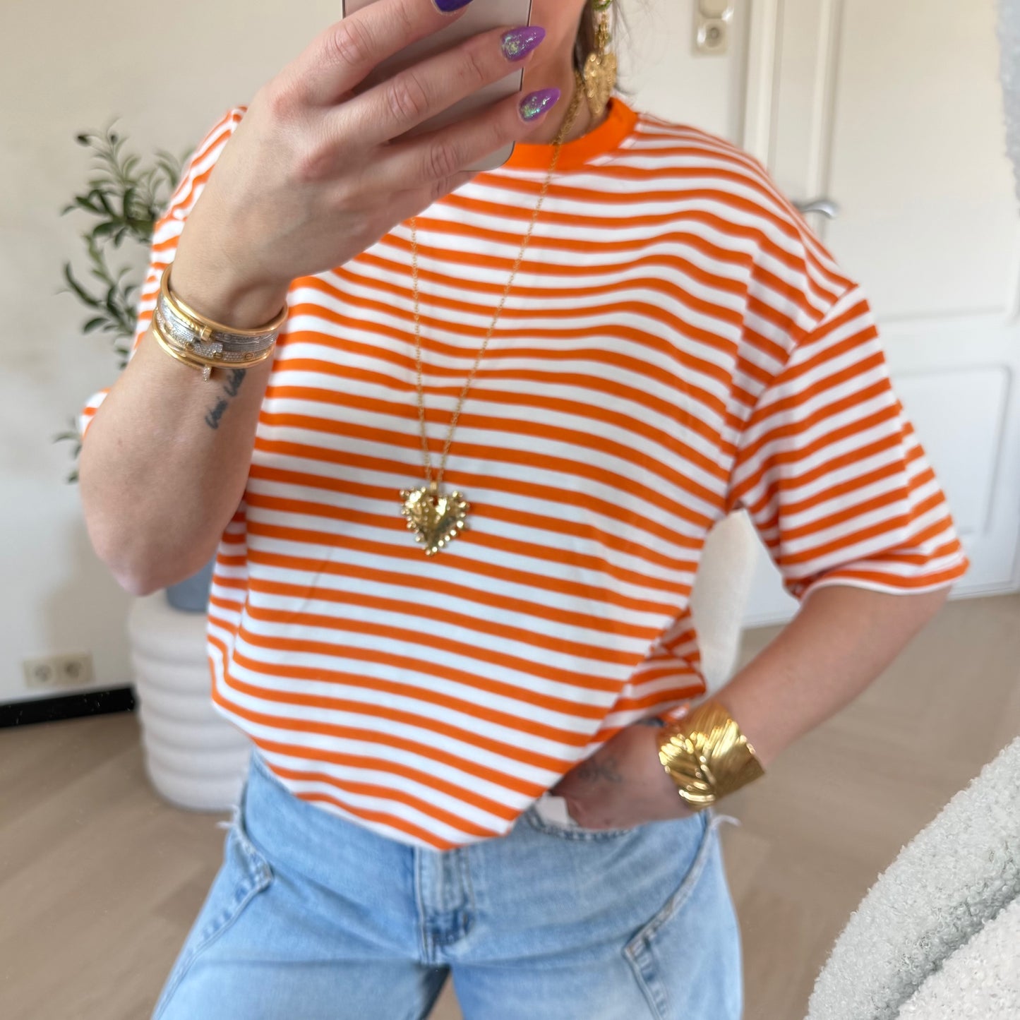 t shirt met streep oranje wit
