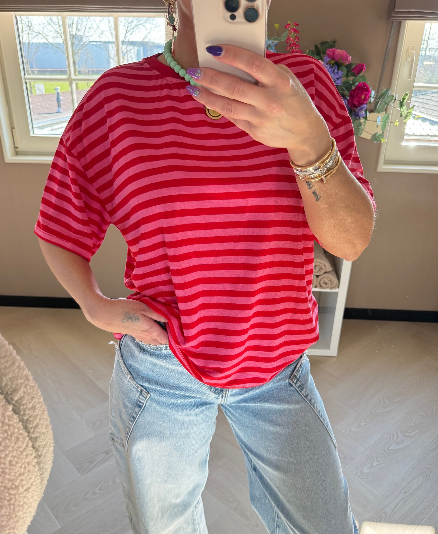 t shirt streep roze rood