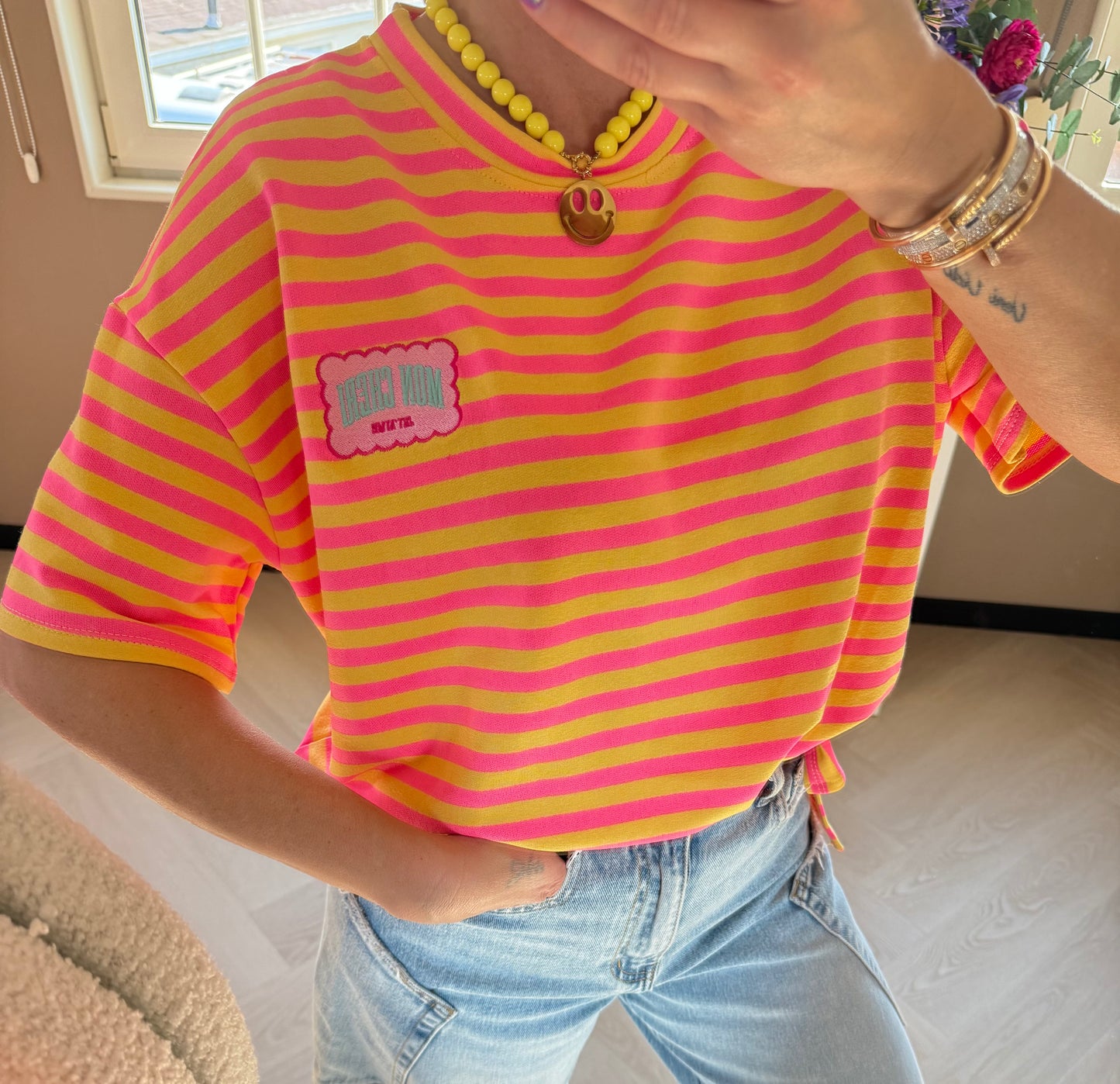 t shirt patch mon cherie roze geel