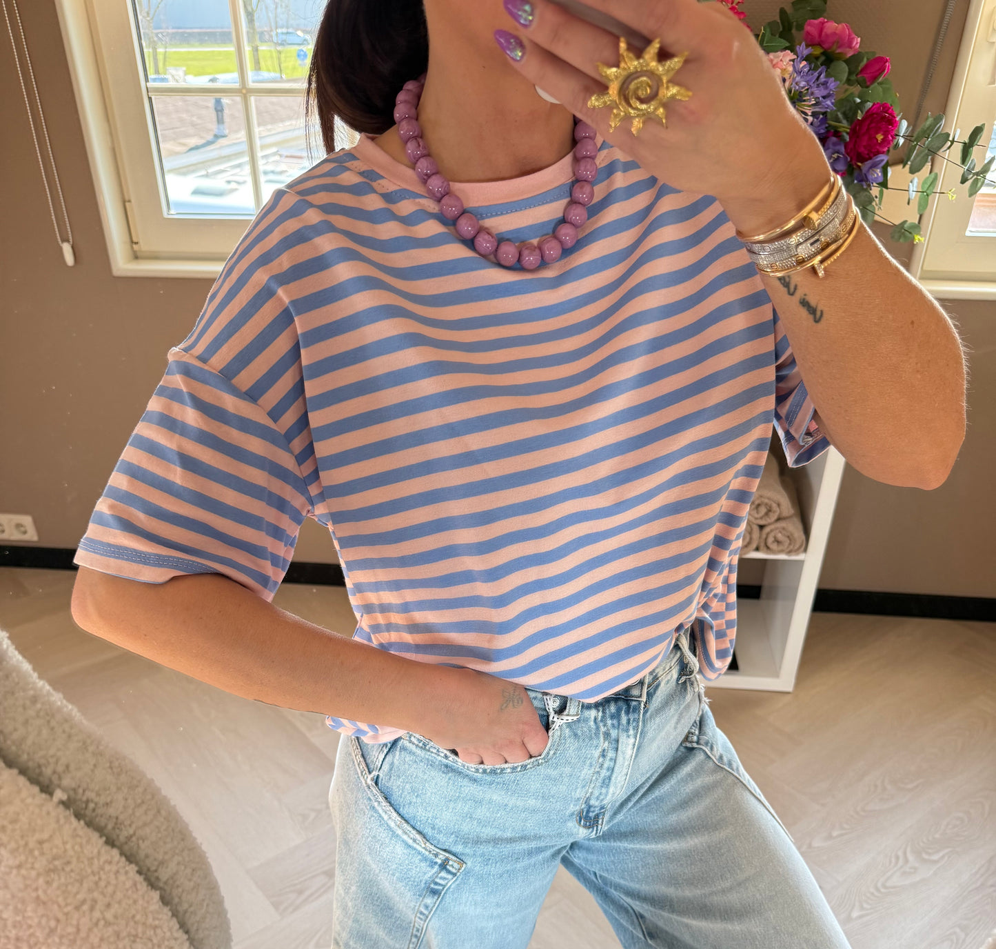 t shirt streep blauw roze