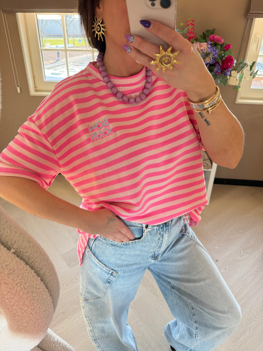 t shirt met bonjour patch roze