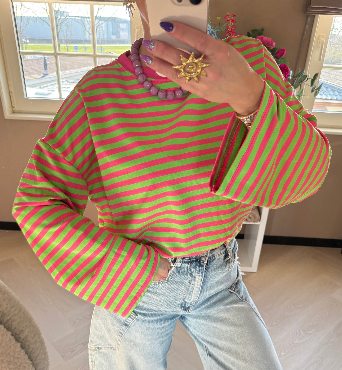 longsleeve streep groen roze