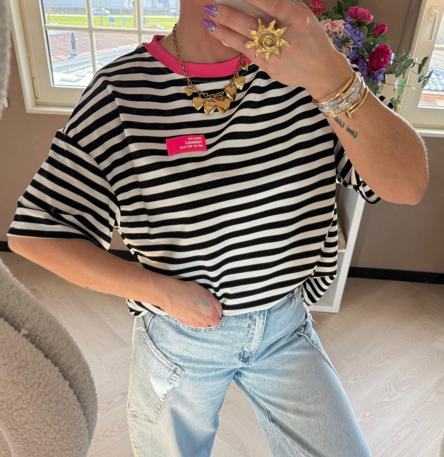 t shirt streep roze etiket