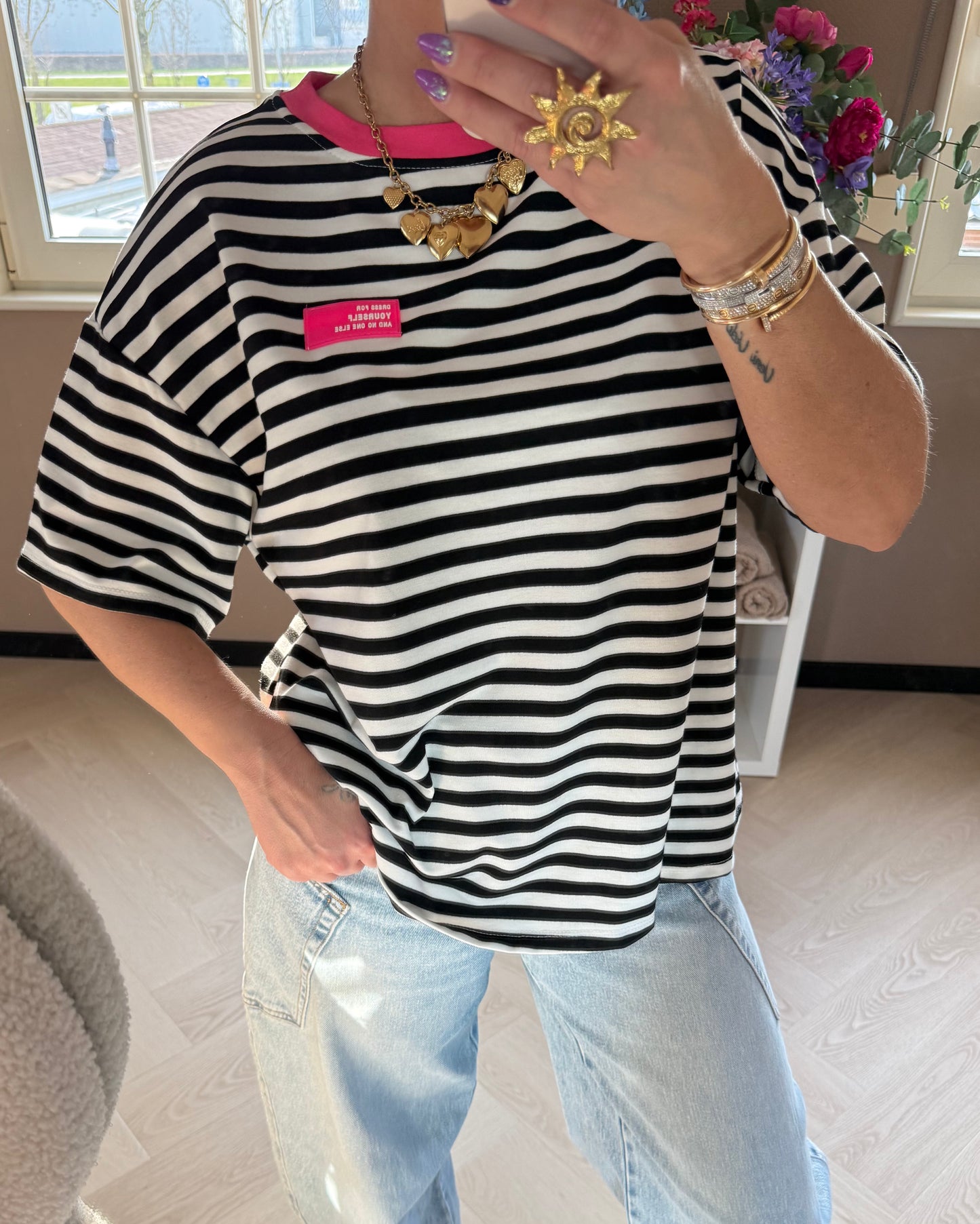 t shirt streep roze etiket