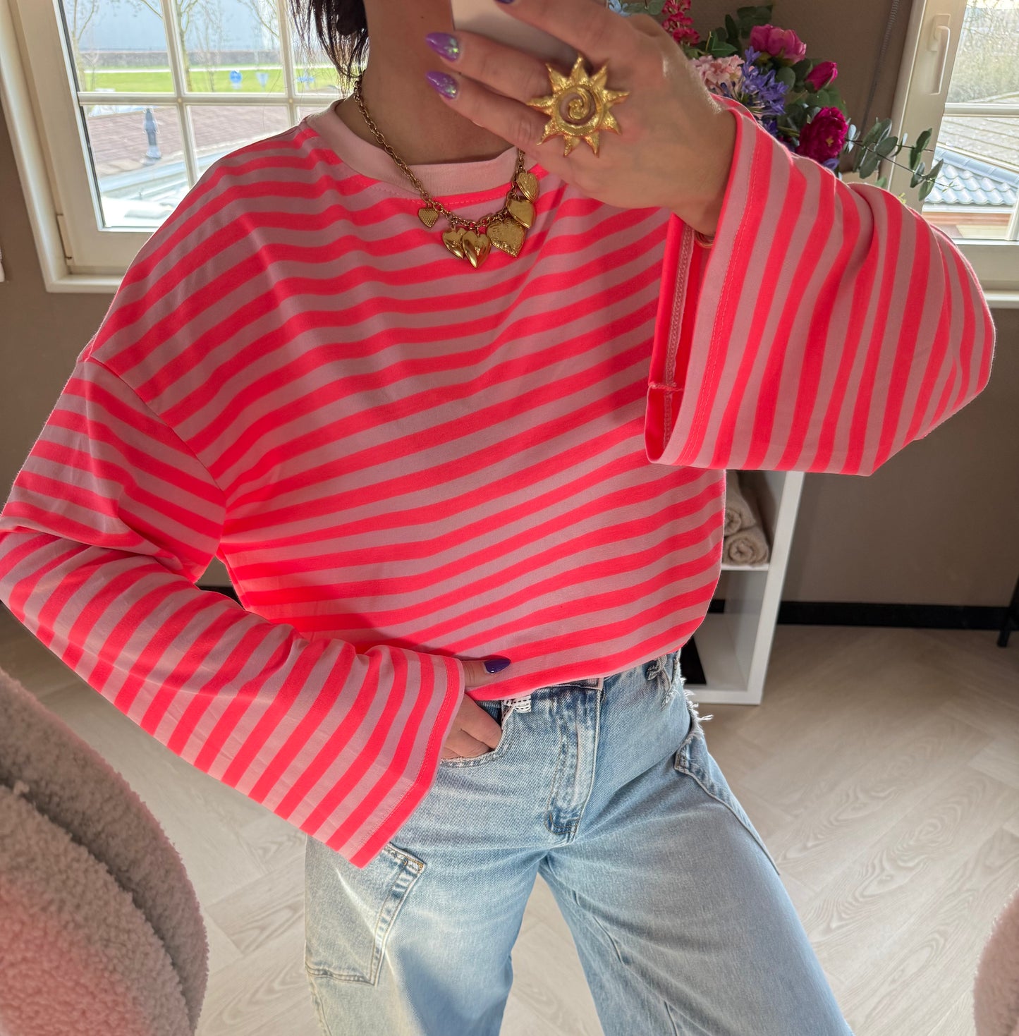 longsleeve streep roze fluor