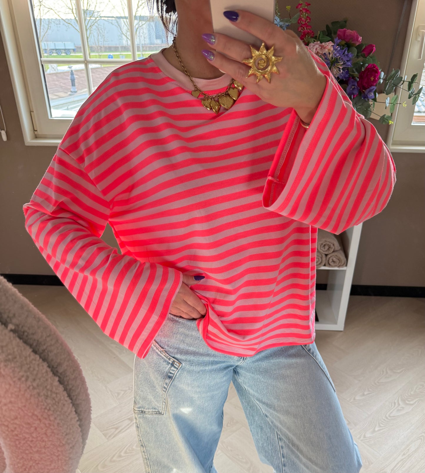 longsleeve streep roze fluor