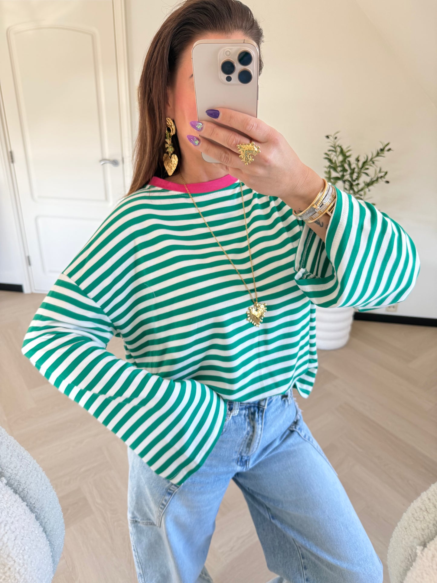 longsleeve streepjes groen met roze