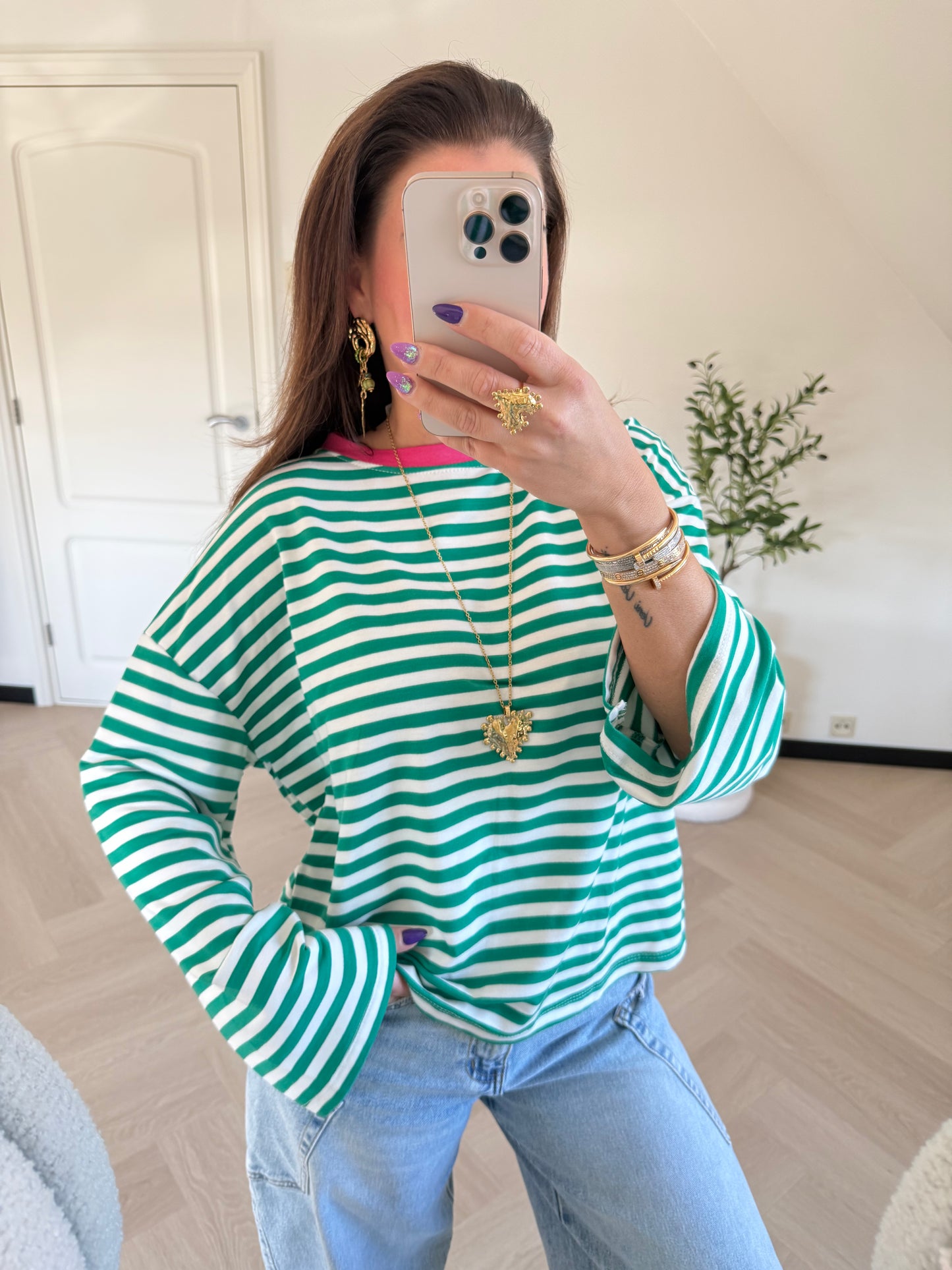 longsleeve streepjes groen met roze